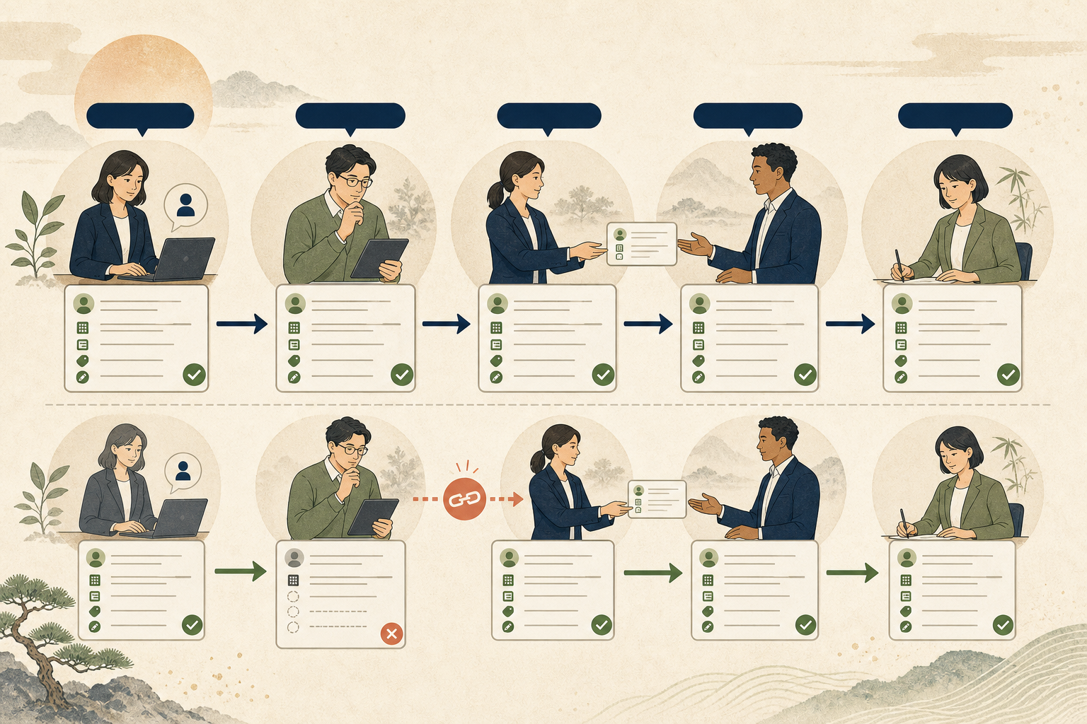 問い合わせ情報を保ったまま営業へ引き渡す流れと、情報不足で連携が切れる状態